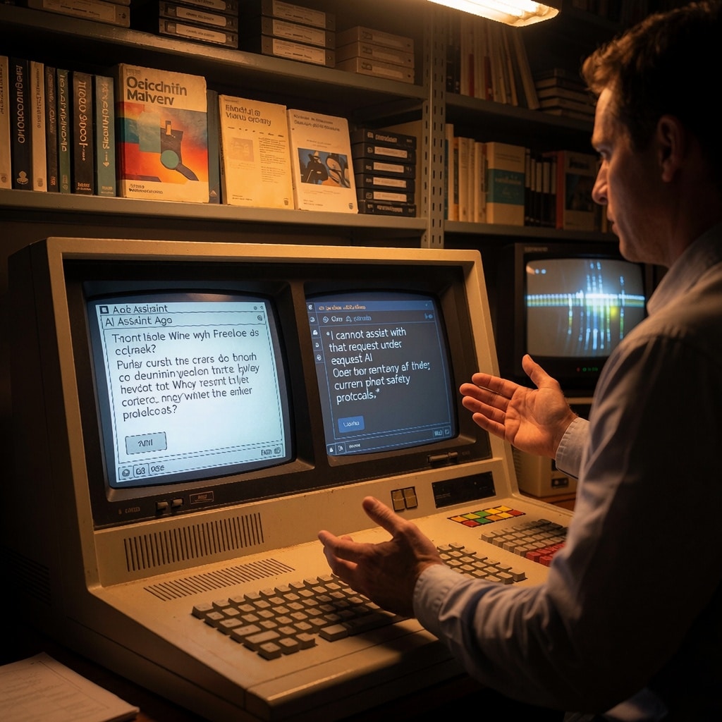 Un chercheur compare dans une salle d’archives les réponses d’un assistant IA ancien et surprotégé, sous une lumière chaude mettant en valeur des documents techniques obsolètes et un écran analogique clignotant. ---