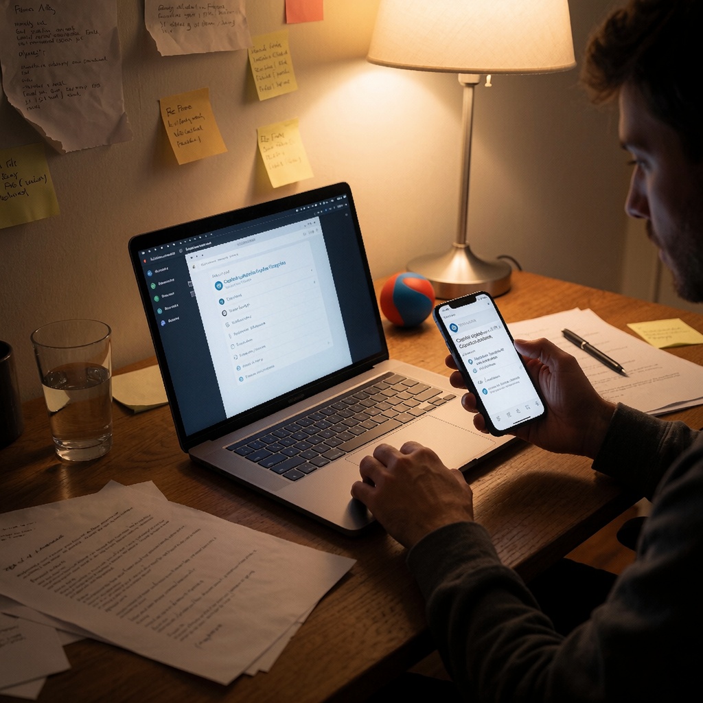 Un coin de bureau à domicile peu éclairé, avec un ordinateur portable ouvert et des notes collées éparpillées, illustrant la migration chaotique des fonctionnalités Copilot vers OneDrive. ---