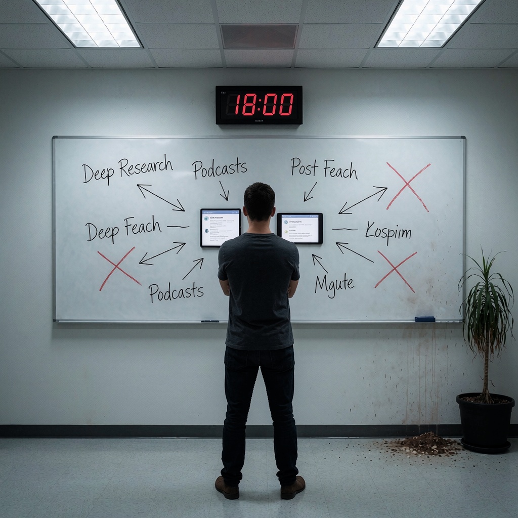 Microsoft fusionne Copilot Pro et Copilot : ce qui change (et ce que vous risquez de perdre) — image3 Un bureau épuré sous éclairage fluorescent, où une personne observe une horloge affichant 18:00 et des annotations sur un tableau effaçant les fonctionnalités disparues comme Deep Research ou les podcasts. ---