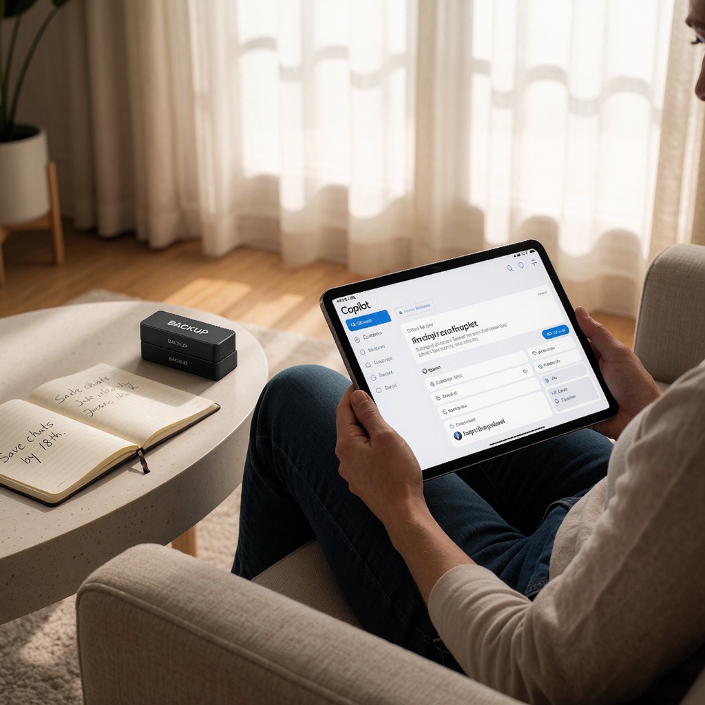 Un salon lumineux où une personne, détendue mais attentive, tient un tableau avec l’interface simplifiée de Copilot, tandis qu’un disque dur étiqueté