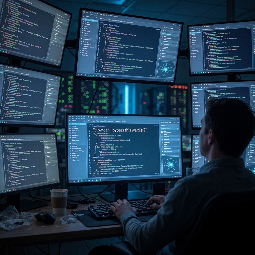 Une salle de contrôle futuriste et désordonnée avec des écrans affichant du code fragmenté et des alertes de sécurité. Une personne observe une interface IA répondant à une demande suspecte, dans un environnement baigné d’une lumière bleutée et verdâtre, évoquant une curiosité inquiétante. ---
