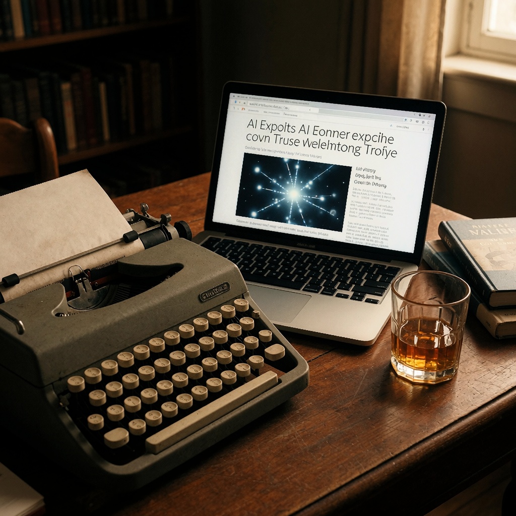 Un bureau sombre avec une machine à écrire ancienne et un ordinateur portable affichant un article sur les failles des IA. Un verre de whisky à moitié vide et des manuels techniques évoquent une prise de conscience tardive des dangers cachés derrière l’innovation. ---