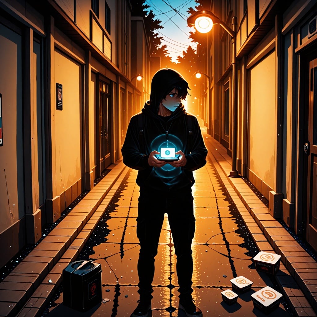 Une ruelle urbaine plongée dans la pénombre du crépuscule où une silhouette en manteau passe devant une enseigne floue d’un cabinet médical. Le visage est partiellement éclairé par un écran de smartphone affichant une notification cryptique, tandis que des ombres mouvantes suggèrent une présence numérique intrusive. L’atmosphère évoque l’inquiétude face à la vulnérabilité des données personnelles. ---