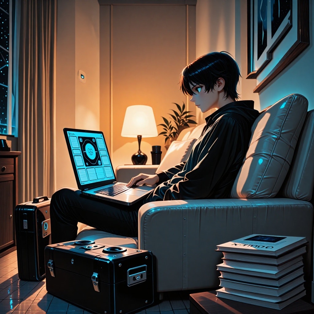 Un salon calme mais légèrement angoissant en soirée, où une personne assise sur un canapé examine attentivement l’écran de son ordinateur portable éclairé par une lumière chaude. À proximité, une valise fermée et des livres empilés évoquent la protection des données sensibles, tandis qu’une plante apporte une touche de normalité à ce décor vigilant. ---