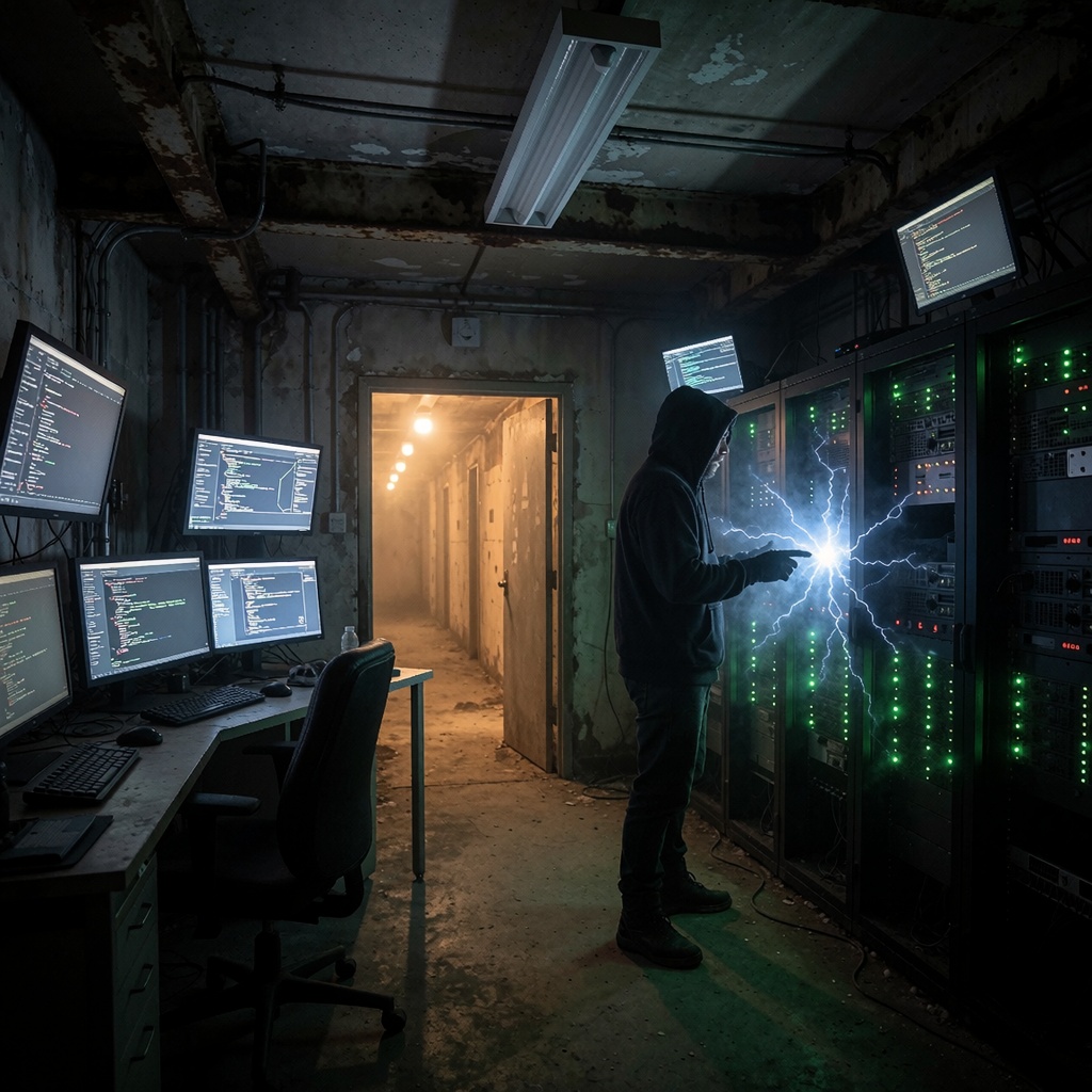Salle de serveurs sombre et abandonnée dans un bâtiment industriel lors de DEF CON 2026, baignée d’une lumière bleutée et verte des écrans. Une personne en tenue noire, dos tourné, observe des flux de données cryptées sur plusieurs moniteurs alignés. Des câbles serpentent entre les bacs de serveurs, tandis qu’un éclairage rougeâtre filtre à travers une porte entrouverte menant à un couloir aux néons clignotants. L’ambiance est tendue et mystérieuse, comme si chaque écran cachait des secrets inavouables. ---