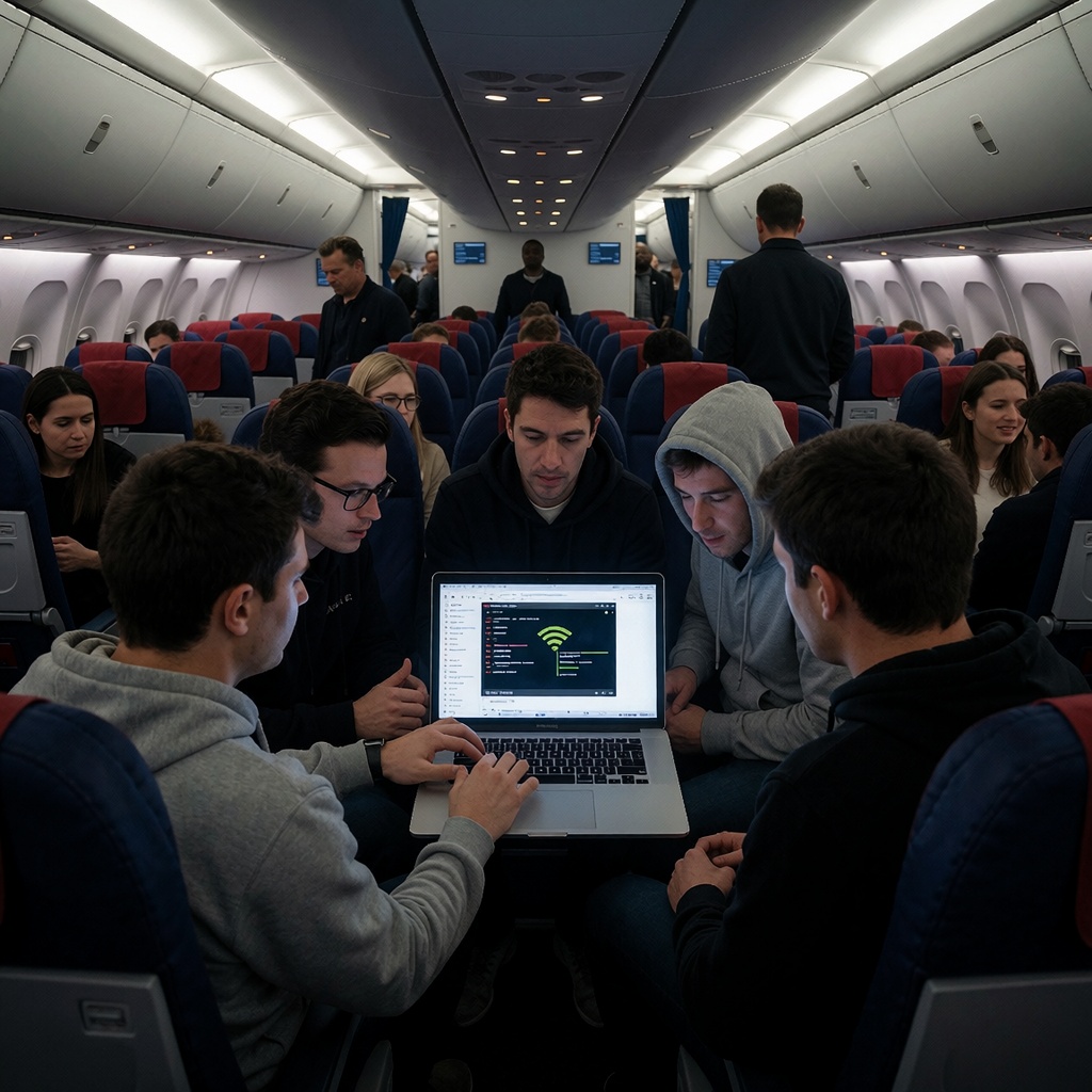 Cabine d’avion Delta bondée en vol vers Atlanta, éclairée par la lueur bleutée des écrans portables. Un groupe de hackers, certains en tenue décontractée, d’autres en hoodies, se concentre sur un ordinateur affichant un réseau Wi-Fi piraté. Leurs visages sont partiellement éclairés par les reflets des écrans, tandis que le bruit du moteur et les murmures des passagers en arrière-plan créent une atmosphère de tension contrôlée. L’ambiance oscille entre professionnalisme et audace illégale, comme dans un film cyberpunk. ---