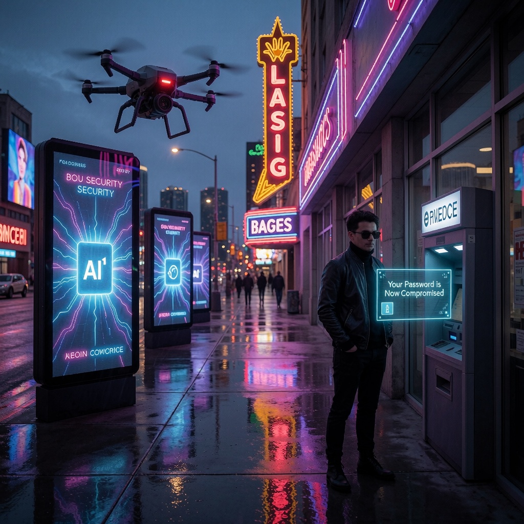 Rue futuriste de Las Vegas au crépuscule, éclairée par des néons et des hologrammes publicitaires. Une personne en veste noire observe un distributeur automatique dont l’écran affiche *