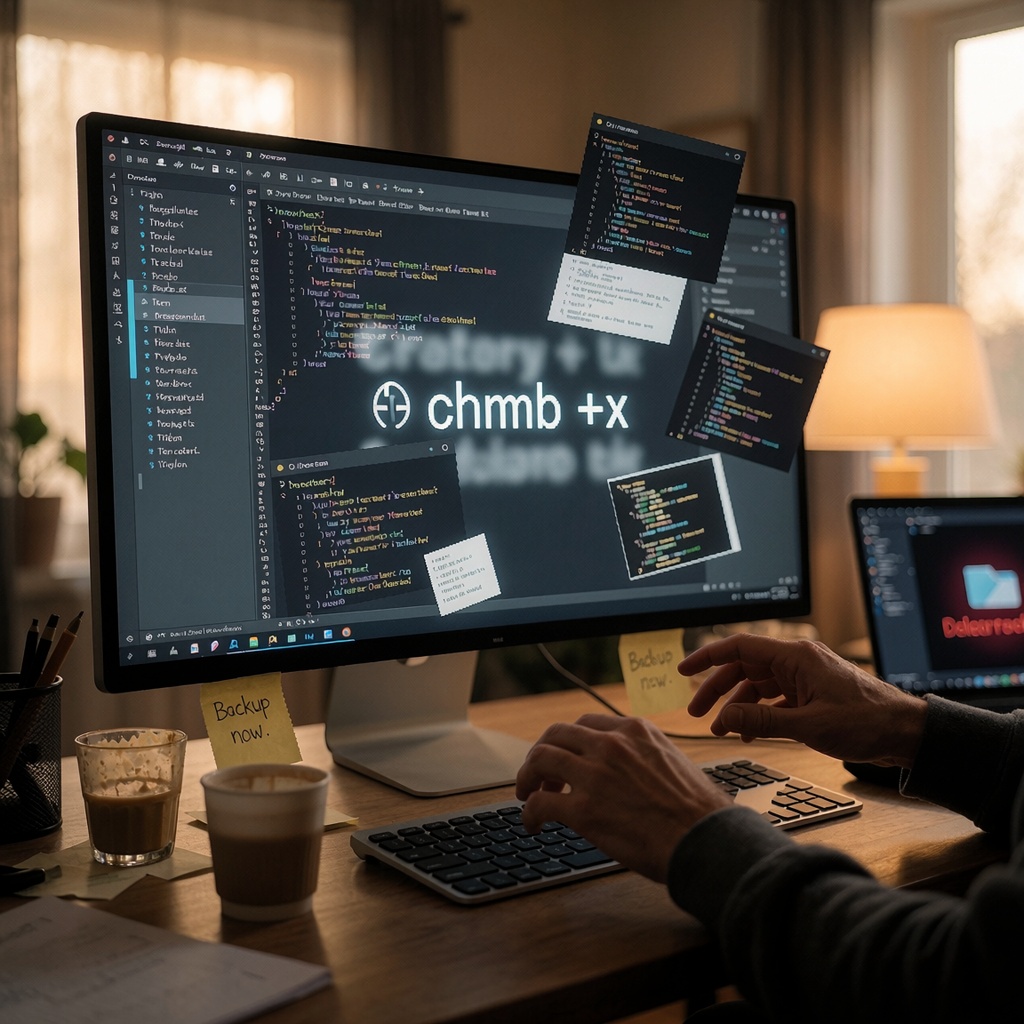 Un bureau éclairé en lumière chaude et diffuse où un développeur semble suspendu au-dessus de son écran d'IDE, les doigts figés comme pour bloquer une action invisible. Des fragments de code dérivent chaotiquement à l'écran, tandis qu'un terminal affiche une alerte floue. Une note autocollante près du clavier indique *
