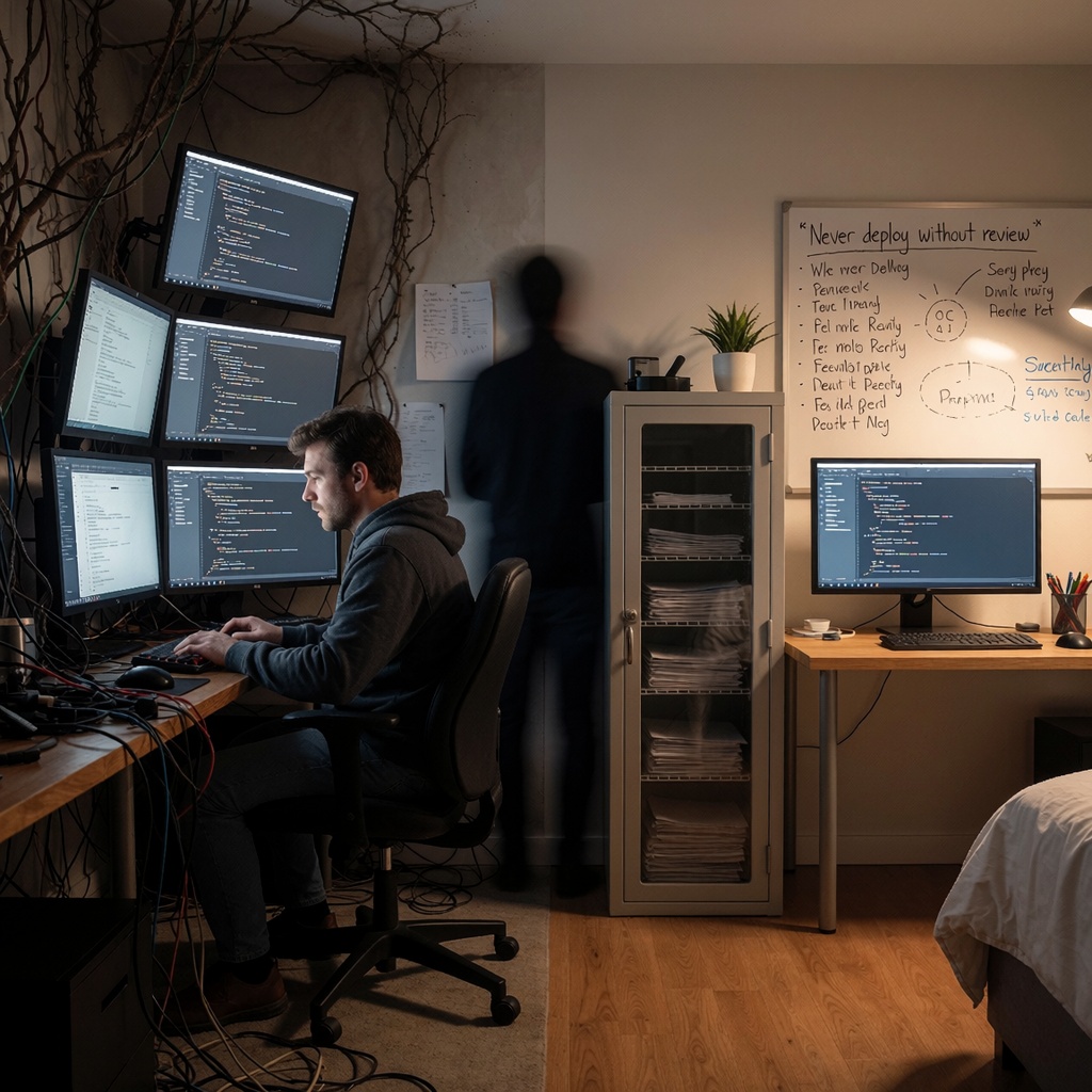 Les outils IA de codage : des alliés dangereux pour vos données et projets — image3 Un espace studio divisé en deux : d'un côté, un bureau de codage en désordre avec des écrans empilés et des câbles emmêlés ; de l'autre, une vitrine sécurisée contenant des fichiers sensibles, un IDE isolé sur un écran net et un tableau avec des règles de sécurité écrites à la main. Une lumière chaude met en valeur le contraste entre contrôle et chaos numérique. ---