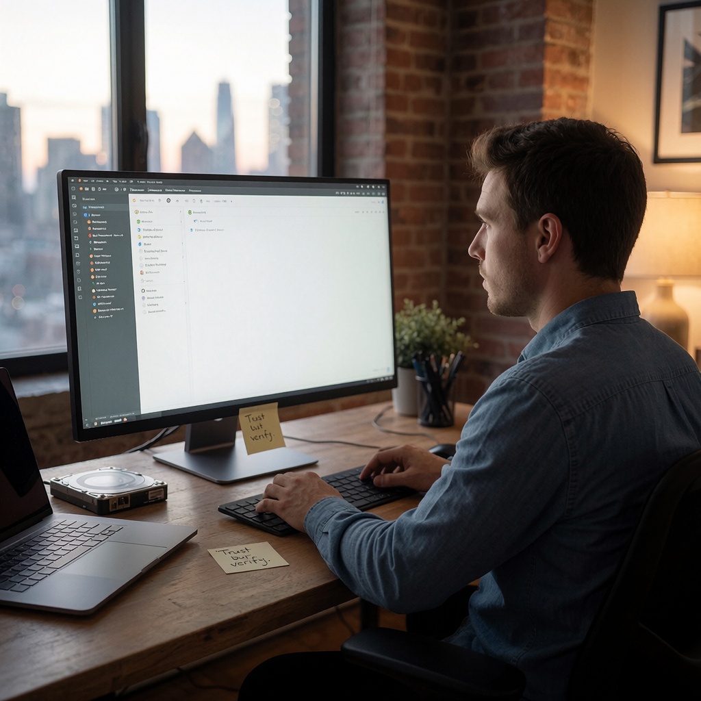 Un développeur seul dans un bureau en hauteur baigné de lumière naturelle, les mains posées sur le clavier mais l'esprit ailleurs. À l'écran, un IDE épuré sans erreur visible, mais une note autocollante indique *