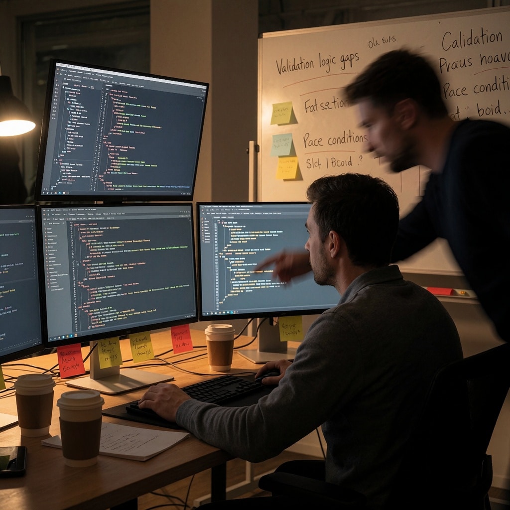 Un développeur concentré devant trois écrans affichant du code généré par IA mélangé à des alertes d'erreur, dans un espace de travail surchargé. Des notes collantes et un tableau recouvert d'annotations soulignent les failles logiques. Une silhouette floue suggère une supervision externe, tandis que l'éclairage tamisé met en évidence la complexité cachée derrière une interface apparemment fluide. ---