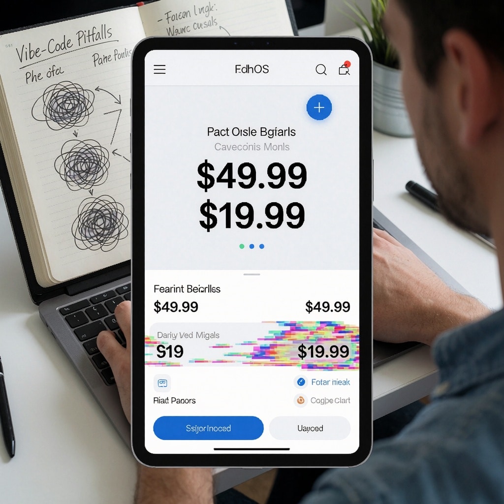 Une interface d'application e-commerce sur tablette affichant des prix instables et des incohérences de panier, soulignant les failles cachées sous une apparence soignée. Un carnet ouvert révèle des schémas manuels illustrant l'architecture chaotique du code généré par IA, dans un environnement lumineux mais tendu. ---