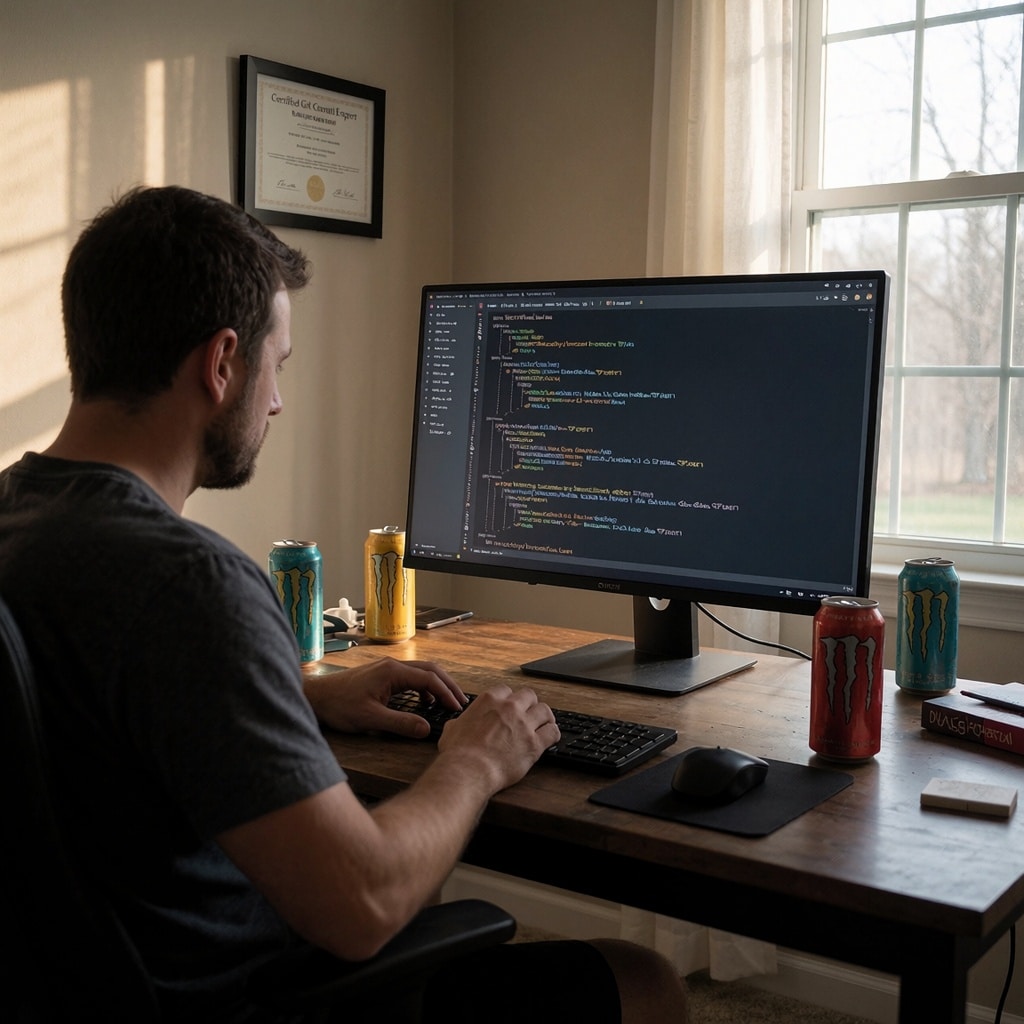 Un développeur isolé face à des logs d'erreur complexes et une alerte de faille de sécurité, dans un bureau personnel éclairé par la lumière naturelle. Un certificat de compétence en gestion de version pend au mur, rappelant l'importance des bonnes pratiques techniques. ---