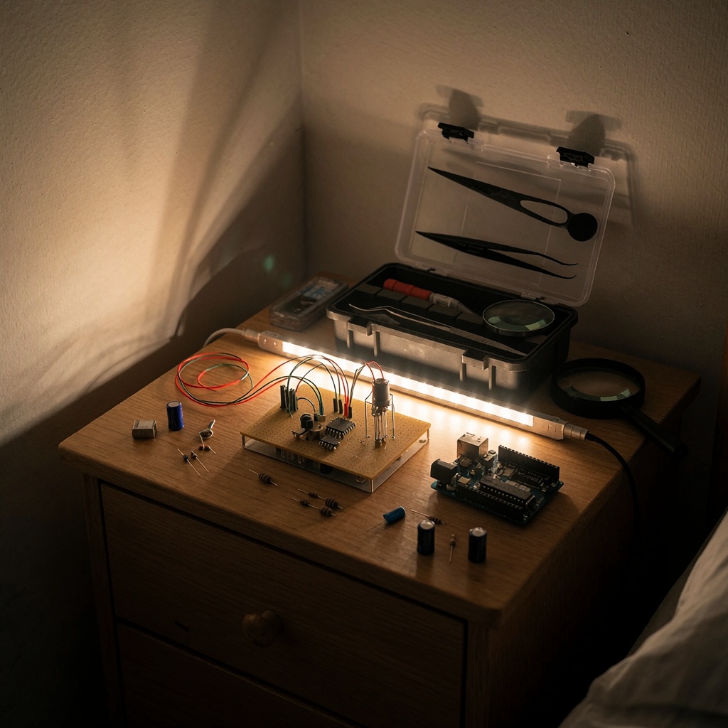 Une lampe bricolée sur un chevet en bois, avec un circuit imprimé artisanal partiellement ouvert révélant des soudures complexes et une petite puce ATtiny85. Des outils de précision (pinces, loupe) traînent à côté d’un Arduino en partie démonté. Une bande LED diffuse une lumière bleutée sous l’assemblage, éclairant un espace de travail encombré où se mêlent patience et défi technique. ---