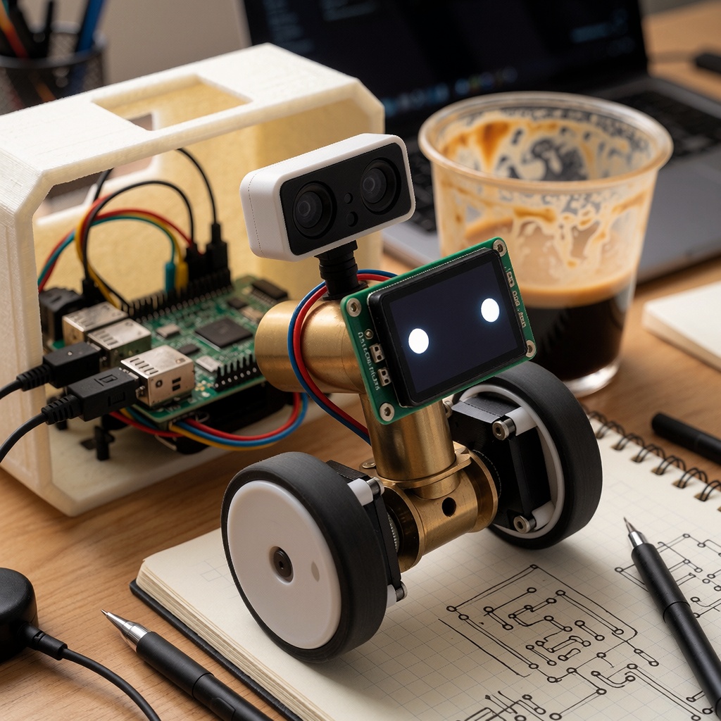 Un petit robot open-source nommé TongDou sur un bureau encombré, avec un châssis en laiton, des roues silencieuses et une caméra radar. Derrière lui, une carte ESP32-S3 partiellement visible dans son boîtier imprimé en 3D. Un carnet de croquis techniques et une tasse de café à moitié vide complètent l’ambiance d’un atelier geek où la créativité rencontre la technologie. ---
