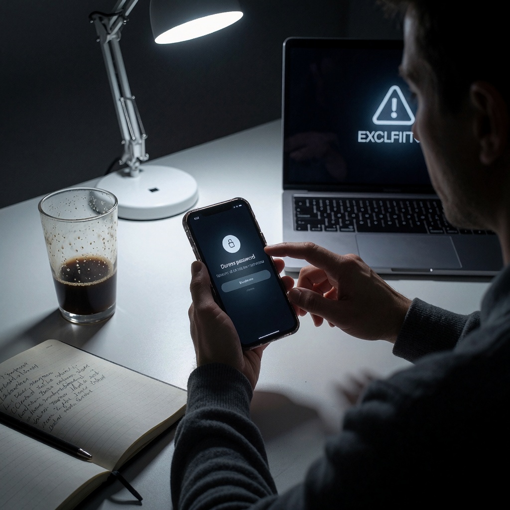 Les projets tech qui tournent au cauchemar : quand la simplicité se transforme en défi high-tech — image3 Une personne assise devant un écran de smartphone affichant une alerte de mot de passe d’urgence, sous une lumière froide et contrastée. À côté, un ordinateur portable montre des fichiers chiffrés ou une notification VPN critique. Une tasse de café à moitié vide et un carnet annoté renforcent l’atmosphère de vigilance et de dilemme technique. ---