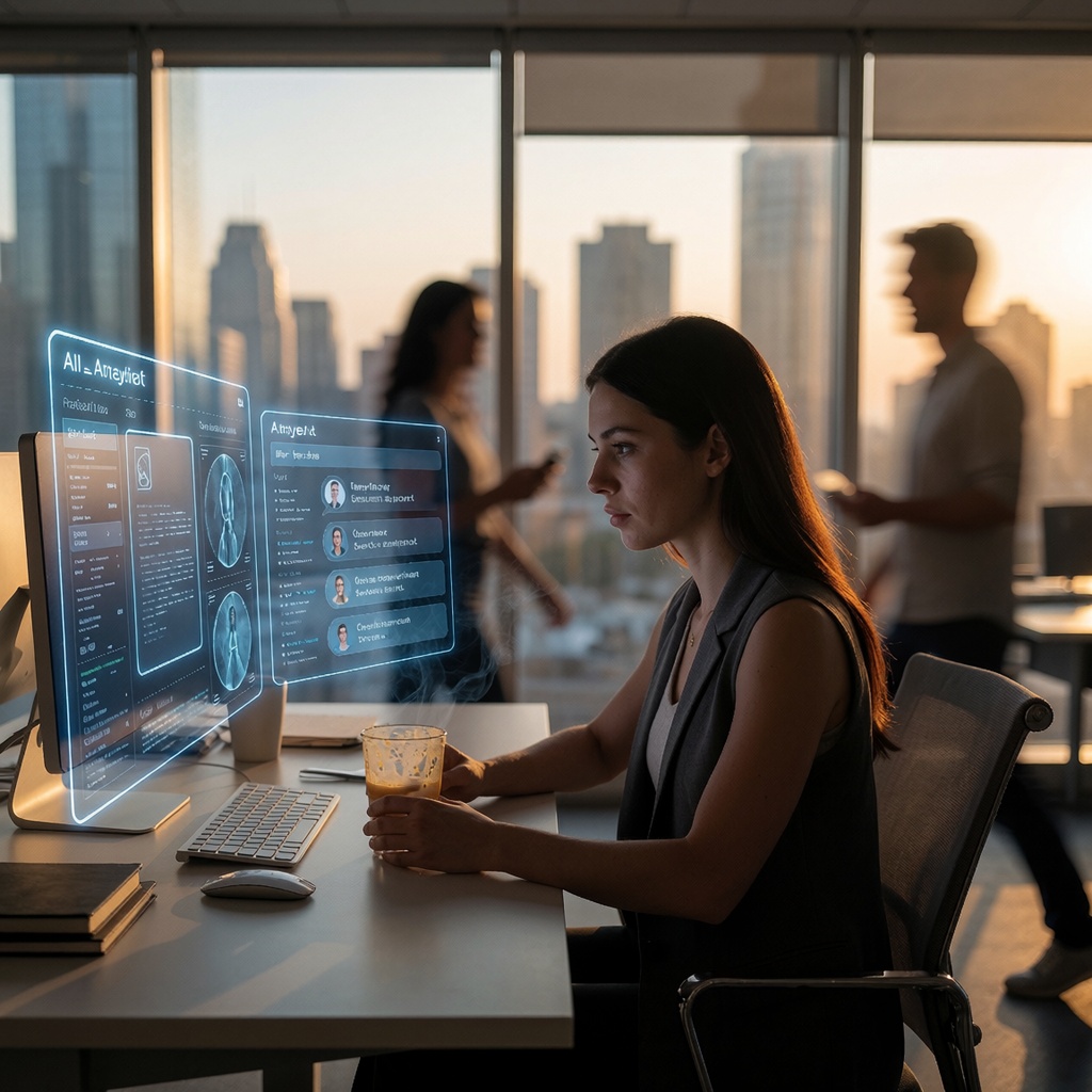 Un bureau moderne baigné de lumière dorée du coucher de soleil, un jeune professionnel en veste sans manches fixe une tasse de café à moitié vide. Une interface holographique floue sur son espace de travail affiche des contrats analysés, des scans médicaux diagnostiqués et des échanges de service client automatisés. En arrière-plan, des silhouettes floues traversent la pièce, illustrant le passage du travail humain vers l’automatisation. ---