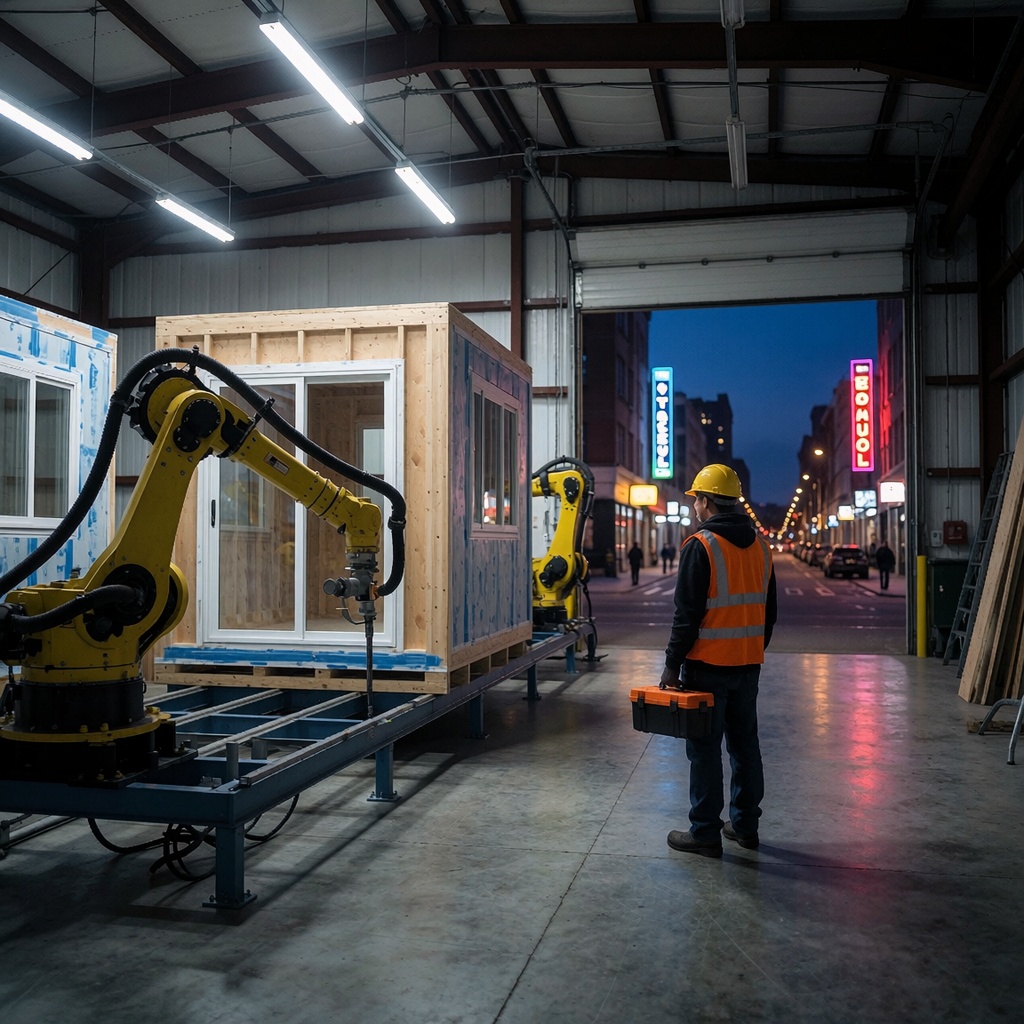 Un entrepôt industriel au crépuscule où des bras robotisés assemblent des maisons préfabriquées, tandis qu’un ouvrier en équipement de sécurité reste immobile près de la chaîne de production, tenant une boîte à outils. La lumière froide des néons accentue les ombres sur le sol bétonné. À l’extérieur, par les portes grandes ouvertes, une ville s’illumine de néons lointains, opposant la précarité du travail humain à l’efficacité implacable des machines. ---