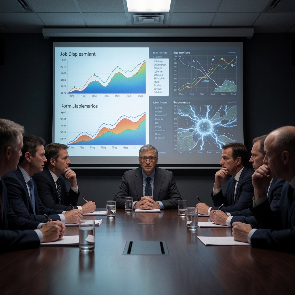 Bill Gates alerte : l’IA menace 40 % des emplois mondiaux – et propose un plan radical pour éviter le chaos — image3 Une salle de réunion aux plafonds hauts, éclairée par des projecteurs dramatiques sur les figures clés d’un débat tendu autour d’une table longue. Bill Gates, assis en tête de table, est entouré de dirigeants sceptiques face à une projection arrière-plan montrant des graphiques de chômage, des courbes d’inégalités économiques et des cartes mondiales d’adoption de l’IA. Un verre d’eau à moitié vide reste inachevé devant lui, reflétant le poids de ses propositions radicales. ---