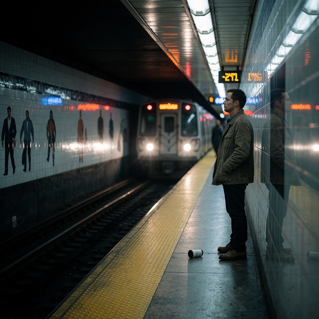 Une gare souterraine la nuit, éclairée par une lumière artificielle froide. Une personne en veste usée se tient sur le quai, fixant l’horizon où les phares du train éclairent les rails. Les murs reflètent des néons clignotants et des silhouettes floues de voyageurs. Une tasse de café abandonnée gît sur le sol, incarnant la brutalité du chômage et l’absence de réponses immédiates. ---