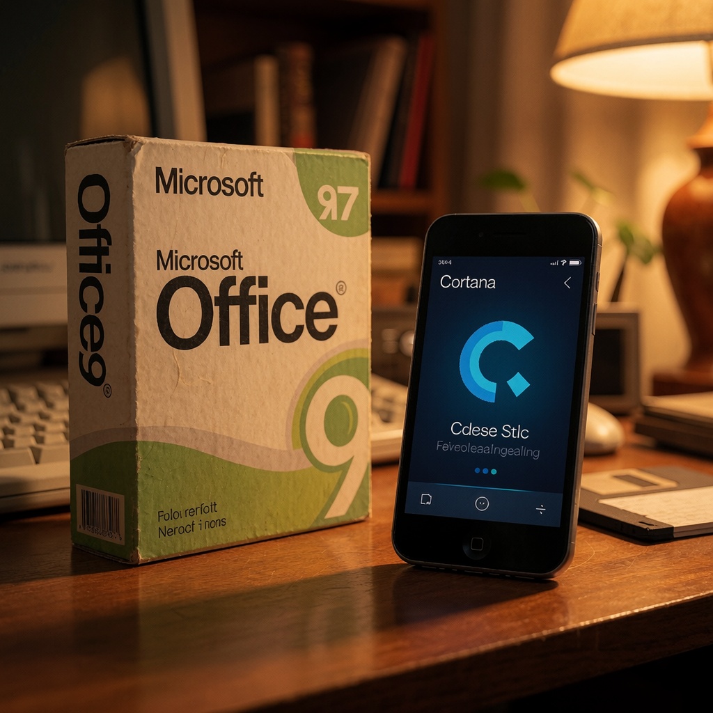 Une boîte d’Office 97 des années 1990 posée à côté d’un smartphone moderne affichant l’interface de Cortana. L’espace, éclairé en lumière chaude et tamisée, mêle objets rétro (écran CRT, disquette) et outils contemporains sur un bureau en bois, illustrant les tentatives ratées puis corrigées de Microsoft. ---