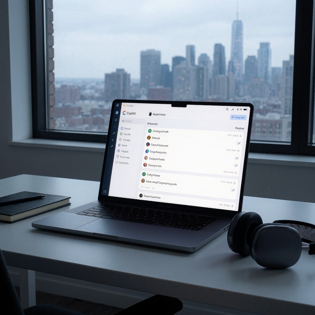 Microsoft retire Mico de Copilot Voice : fin d’une expérience anthropomorphique controversée — image3 Un espace de travail épuré avec un MacBook Pro ouvert sur l’application Copilot fusionnée, interface sobre et fluide. La lumière naturelle du coucher de soleil filtre à travers une grande fenêtre, éclairant un bureau où un carnet fermé et un casque sans fil soulignent une expérience utilisateur simplifiée. ---