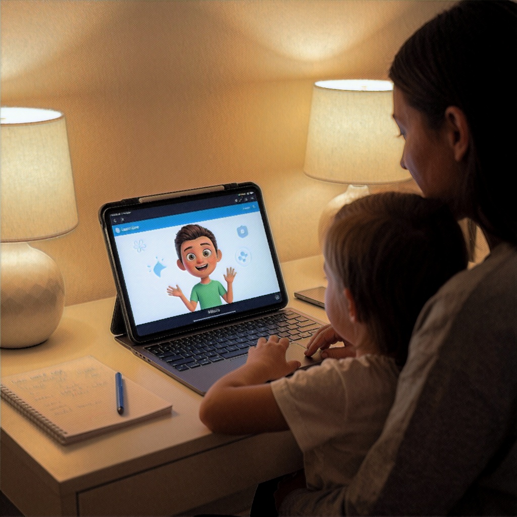 Une parent et un enfant assis à une table éclairée par des lampes douces lors d’une séance éducative sur Learn Live. L’avatar de Mico apparaît discrètement sur une tablette comme guide ludique, sans perturber l’attention, dans un cadre familial chaleureux. ---
