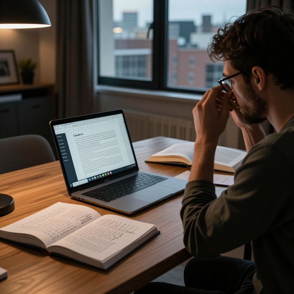 Un bureau d’études moderne baigné de lumière douce et naturelle, où une personne assisse devant un texte manuscrit et un écran montrant une interface IA. Des livres ouverts et des notes éparpillées autour évoquent la réflexion sur l’usage transparent des outils numériques dans le travail académique. ---