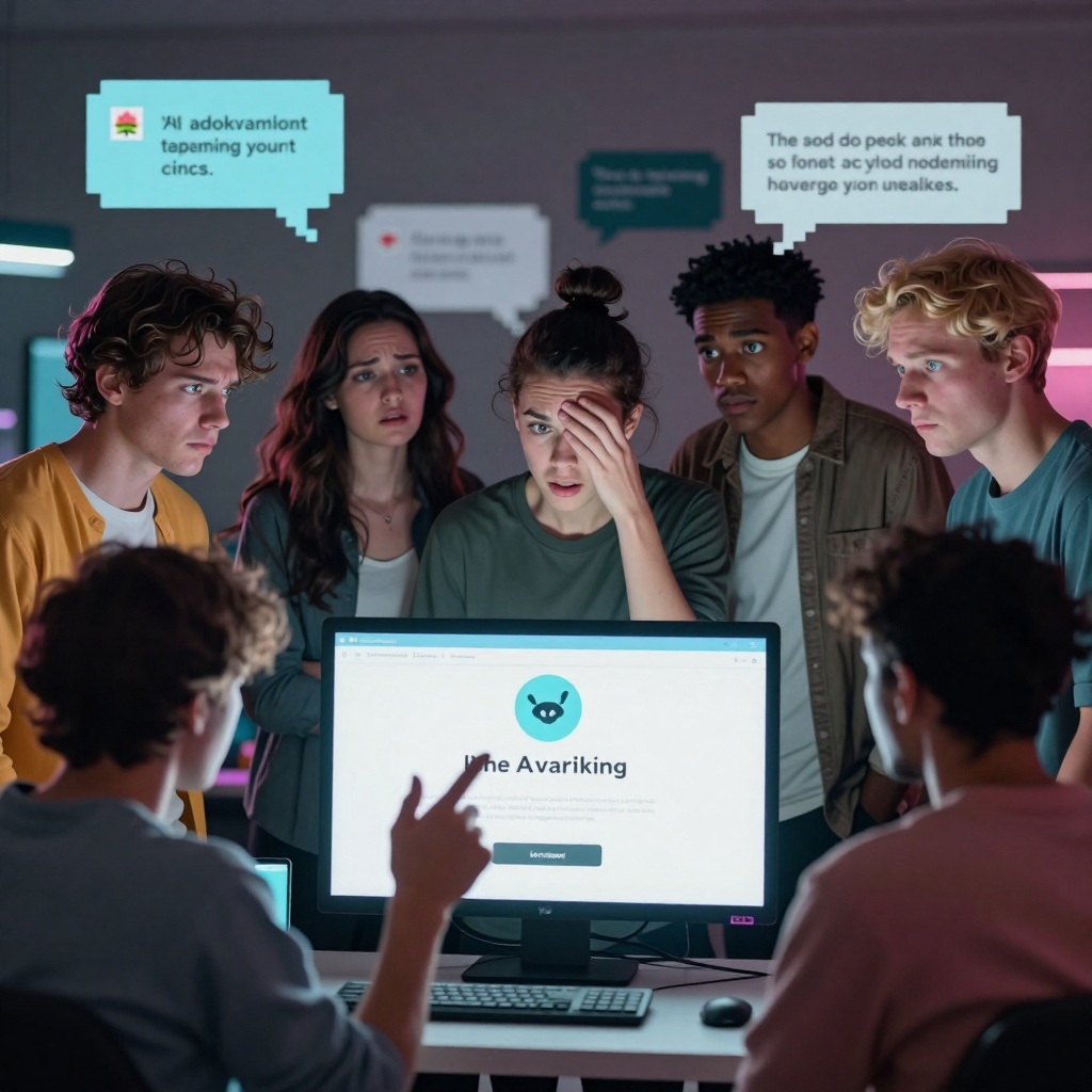 Une salle virtuelle animée représentant un débat sur un forum en ligne, où plusieurs personnes analysent une alerte de marque numérique invisible sur un écran. Les expressions et gestes traduisent l’incompréhension et la polémique autour de cette transparence technologique. ---