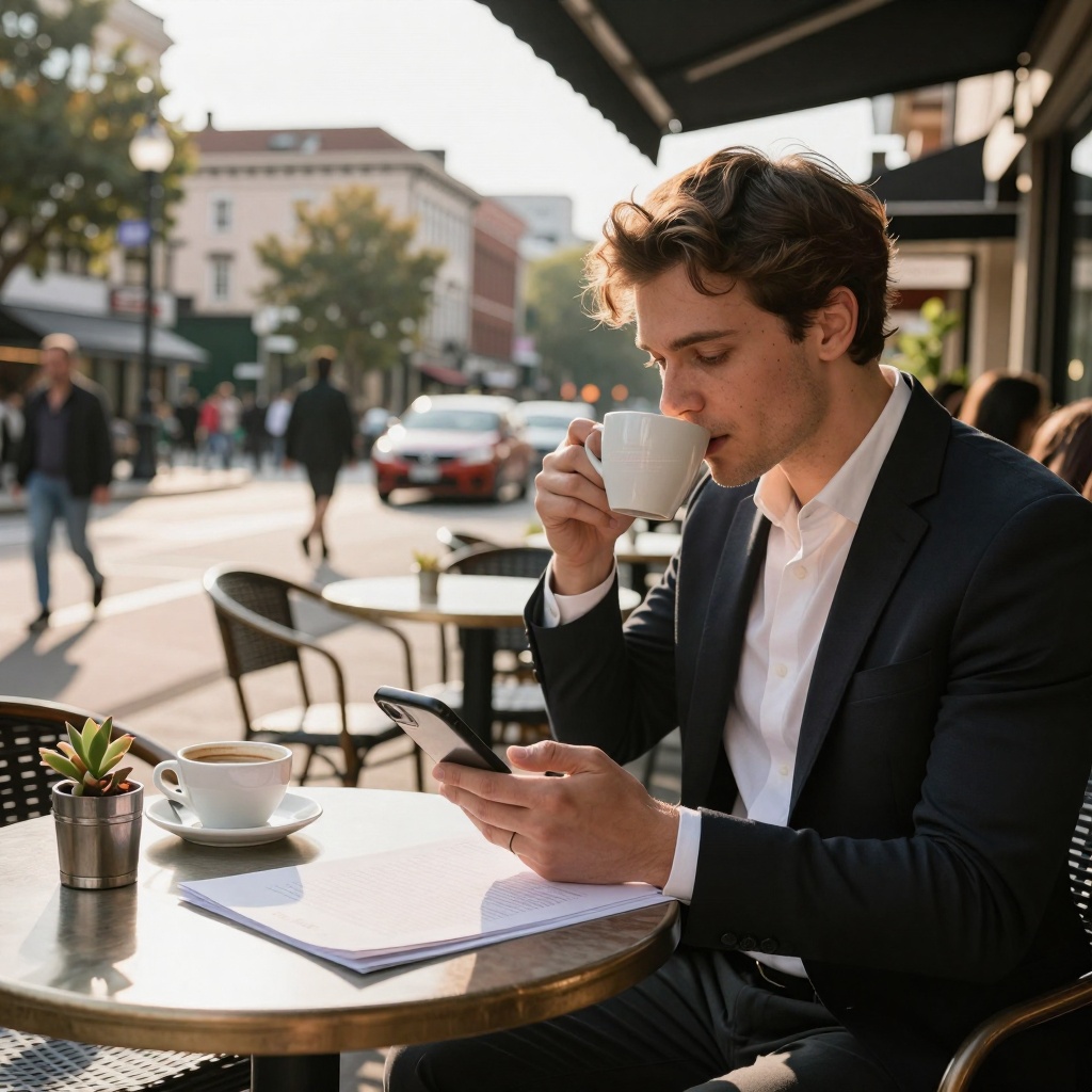 Une terrasse de café en plein jour où une personne examine des notes et un document imprimé, sous une lumière dorée du coucher de soleil. Un léger filigrane numérique sur son écran évoque la transparence responsable dans l’usage des outils IA, sans en faire le centre. ---