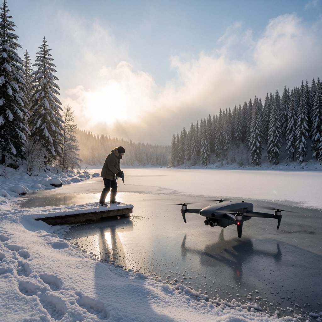 Un lac alpin gelé sous un ciel hivernal clair, où une personne en tenue chaude hésite à percer la glace près d’un quai de bois. Un drone submersible futuriste, discret et compact, flotte à proximité, ses capteurs analysant l’épaisseur invisible de la couche de glace sous la surface. ---