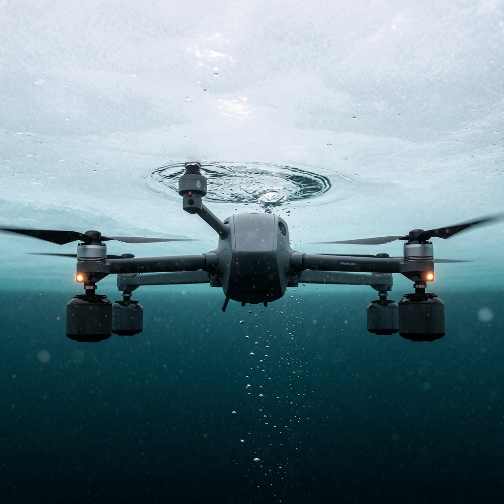 Un drone submersible en action sous la glace d’un lac alpin, son système de pression mesurant l’épaisseur avec précision. Des bulles remontent lentement dans une eau claire, et une lumière bleutée traverse le gel transparent au-dessus. ---