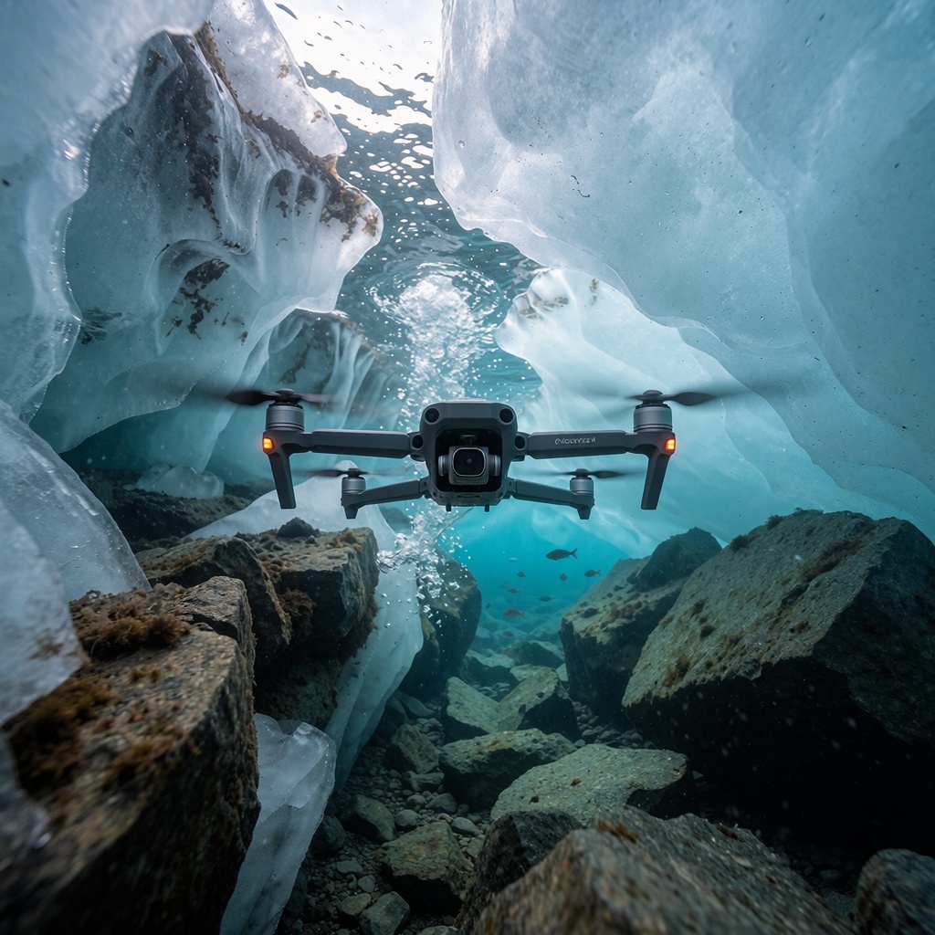 Un drone sous-marin révolutionne la sécurité sur les lacs gelés alpins — image3 Le drone submersible explore un passage sous-glaciaire d’un lac alpin, ses moteurs le faisant avancer entre des rochers et dépôts glaciaires. La lumière bleutée traverse la glace, révélant des poissons nageant dans l’eau claire autour de lui. ---