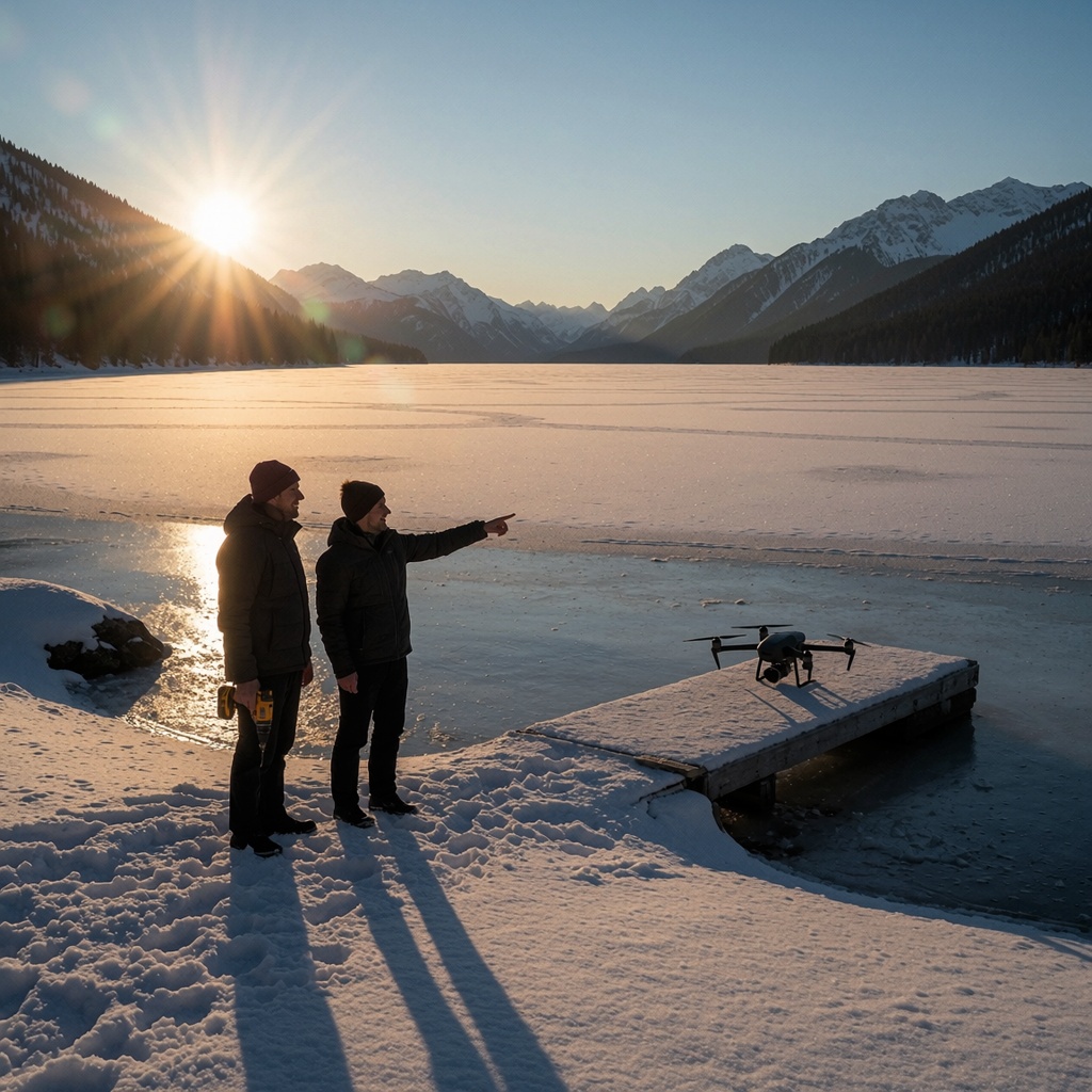 Un lac alpin gelé au coucher du soleil, où deux personnes échangent un regard satisfait près d’un quai. Un drone submersible repose sur la glace, symbole de sécurité retrouvée après une journée de vérification high-tech. Les montagnes lointaines se découpent en silhouette contre le ciel rosé. ---