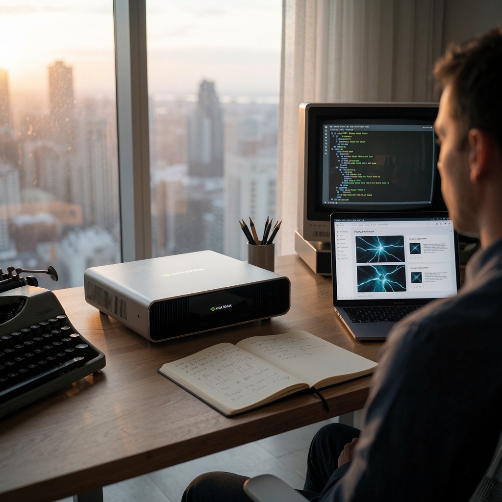 Un bureau moderne éclairé par une lumière naturelle douce, avec en premier plan un serveur AI Portable Computer posé sur un meuble en bois clair. À côté, une machine à écrire mécanique et un carnet ouvert suggèrent un mélange de tradition et d’innovation. Un écran rétro affiche des commandes en vert fluo, tandis qu’un ordinateur portable montre des visualisations générées par IA. ---