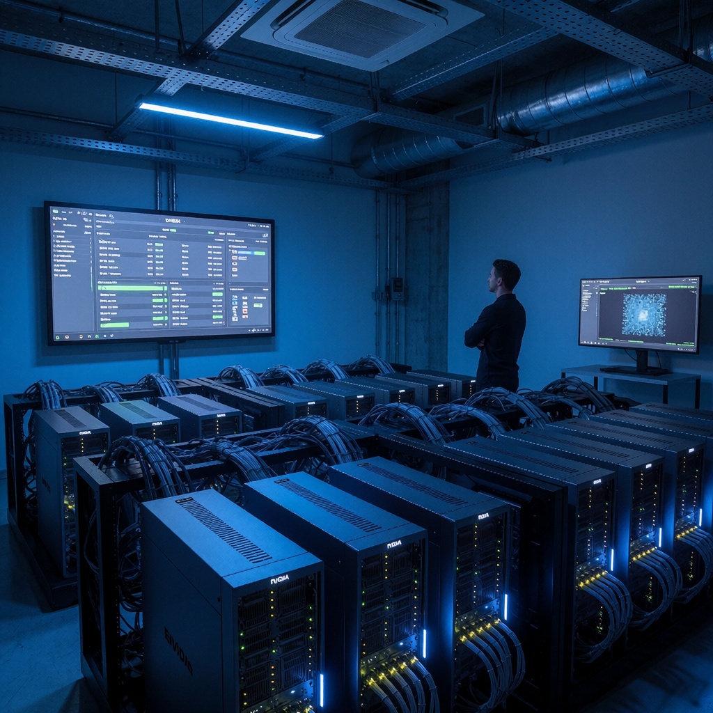 Une salle serveurs futuriste éclairée en bleu, avec des unités Nvidia DGX Spark alignées dans un rack métallique. Un utilisateur observe l’installation depuis l’arrière-plan, tandis qu’un écran mural affiche des données techniques en temps réel. ---