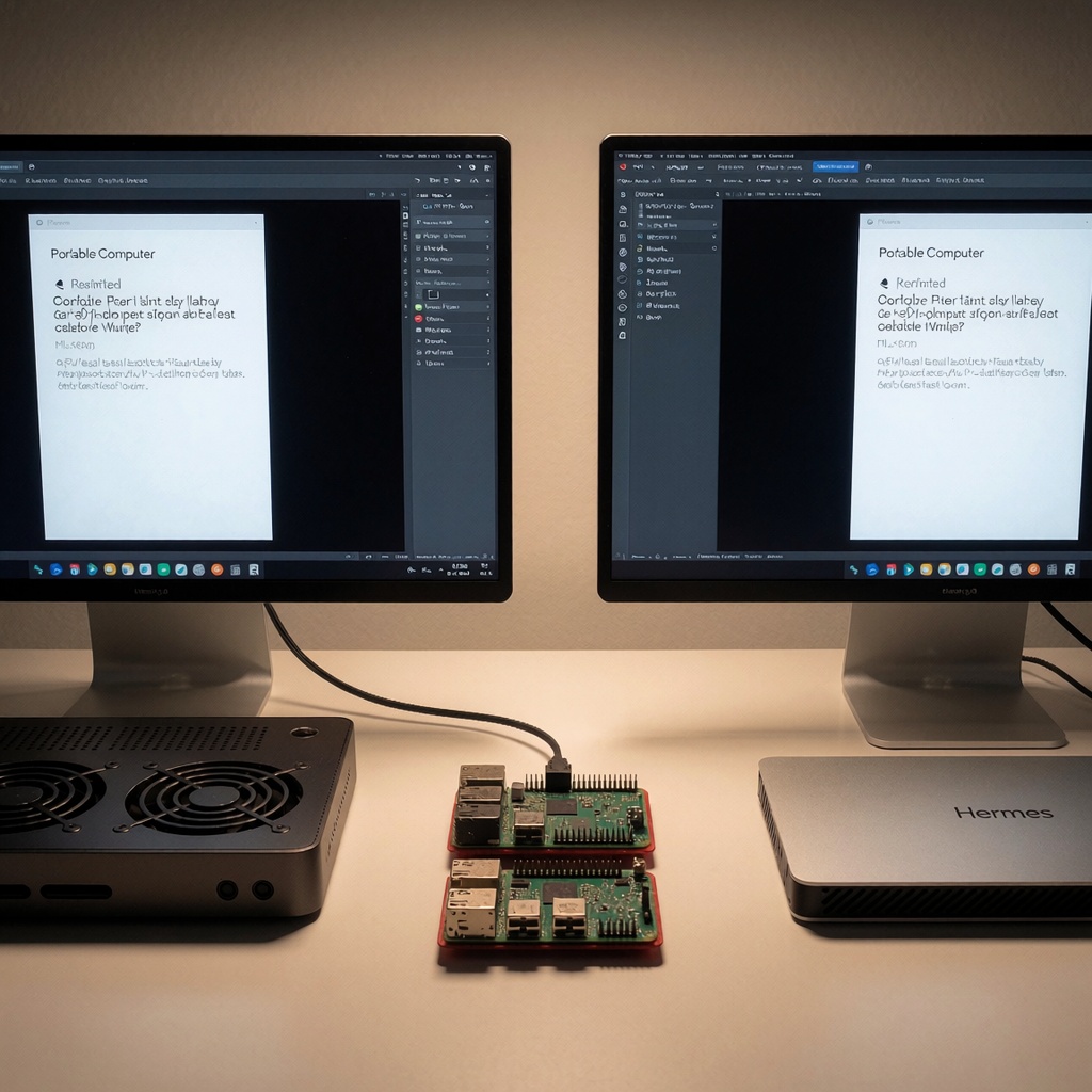 Perplexity lance Portable Computer : l’IA locale qui défie Nvidia et les géants du cloud — image3 Trois stations AI côte à côte sur un bureau épuré : à gauche, le Portable Computer avec son boîtier sobre ; au centre, un cluster Raspberry Pi bricolé ; à droite, un appareil Hermes minimaliste. Les écrans montrent des résultats de tests comparables, mettant en valeur les performances fluides du modèle optimisé. ---