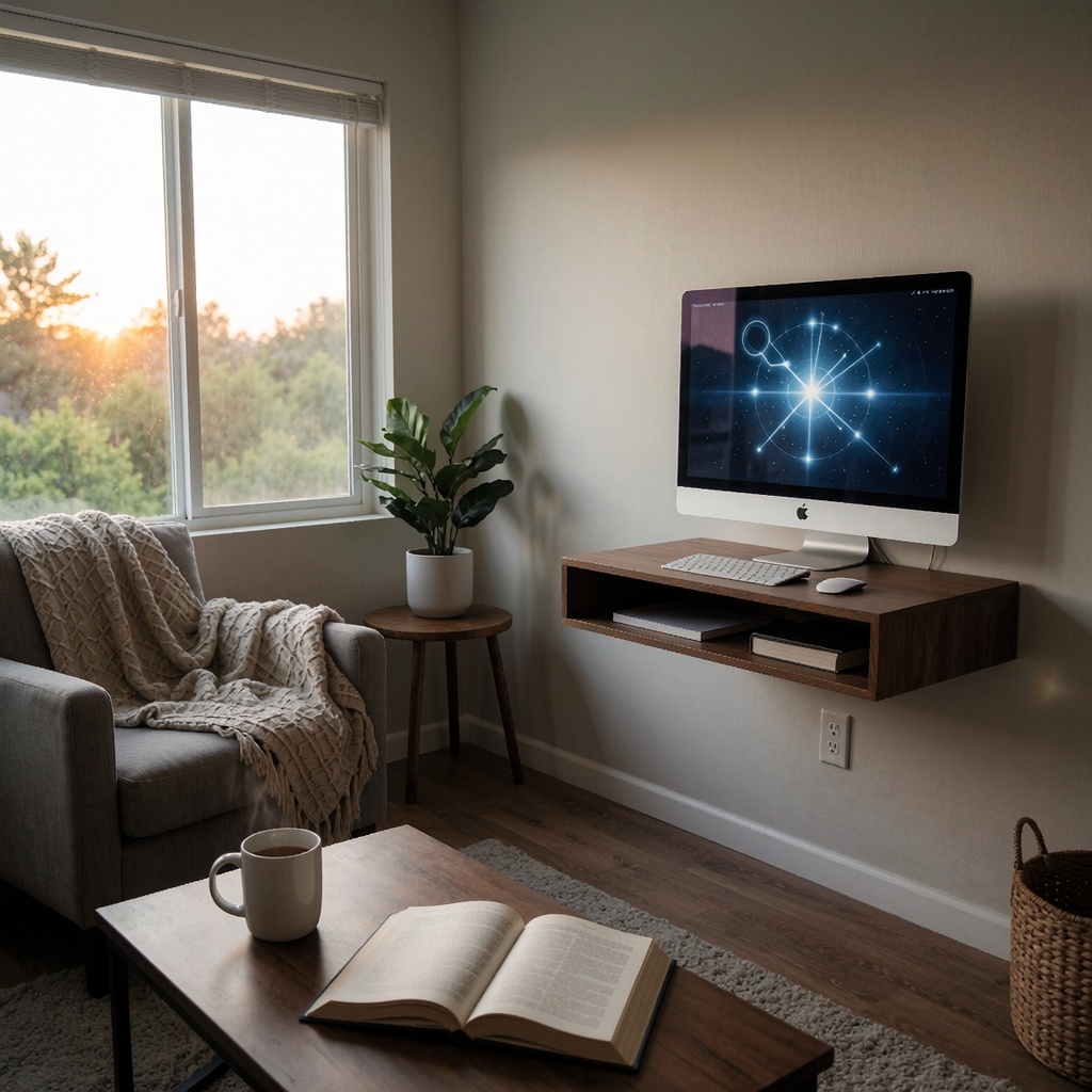 Un espace de vie ouvert avec un canapé confortable face à une console en bois intégrant un Portable Computer. Un livre sur l’informatage quantique et une tasse de café suggèrent une approche personnelle et réfléchie. La lumière naturelle du coucher de soleil renforce l’idée d’une IA locale, discrète mais puissante. ---