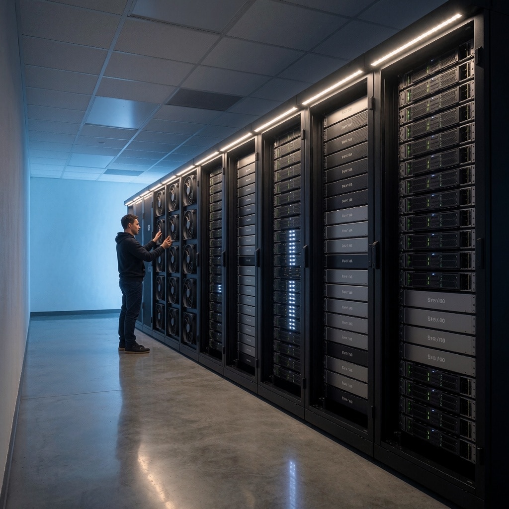 Un couloir de salle serveurs moderne éclairé en bleu doux, avec des baies remplies d’accélérateurs Nvidia V100 et A100 encore exploités à 90 % de leur capacité. Un technicien ajuste un ventilateur dans une ambiance industrielle épurée, où la lumière rasante révèle les détails techniques. ---