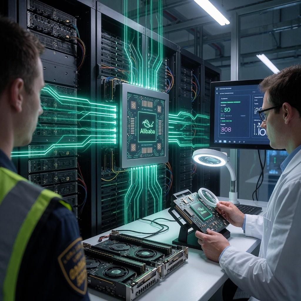 Un coin de salle serveurs futuriste mettant en avant des puces IA maison d’Alibaba intégrées à côté de GPU traditionnels. Un écran tactile affiche des flux de données en vert fluo, tandis qu’un technicien inspecte un prototype sous une lampe d’examen. ---