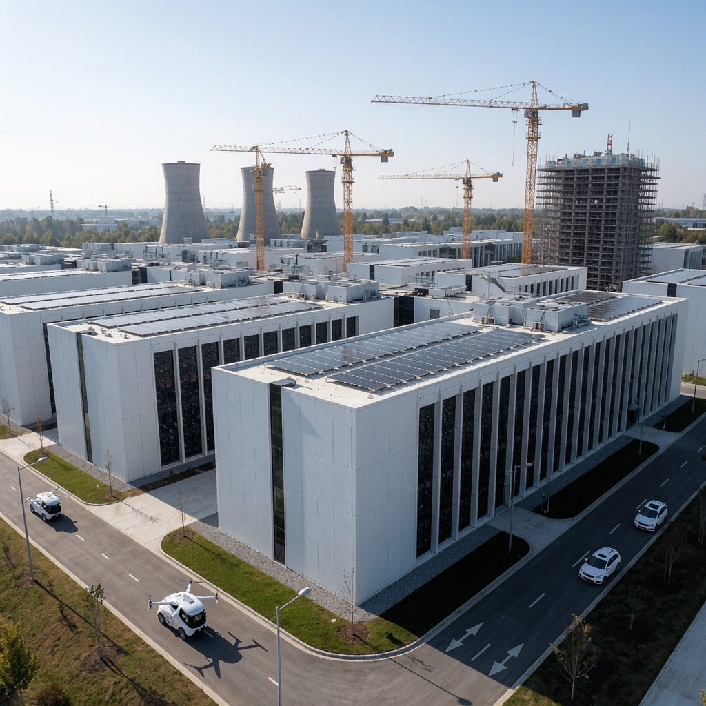 Alibaba Cloud : comment ses serveurs IA deviennent des usines à profits et réduisent sa dépendance aux puces américaines — image3 Un campus de data centers ultra-modernes d’Alibaba, avec des tours blanches et des robots autonomes en patrouille. Des grues construisent de nouvelles infrastructures sous un ciel dégagé, soulignant la rapidité de déploiement en 100 jours. ---