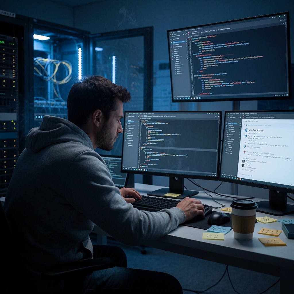 Un laboratoire de cybersécurité plongé dans l'obscurité, où un chercheur isolé, vêtu d'une veste en velours, fixe deux écrans affichant des fenêtres de terminal chiffrées et des notifications de requêtes GitHub. La lumière bleutée des écrans dessine une ombre inquiétante sur son visage concentré. Derrière lui, un rack de serveurs partiellement ouvert émet un bourdonnement sourd, tandis qu'un grand écran montre un extrait de code fragmenté avec des surlignages rouges discrets, révélant une intrusion malveillante. Une tasse de café renversée gît près d’un clavier jonché de post-it portant des symboles énigmatiques et des adresses IP. ---