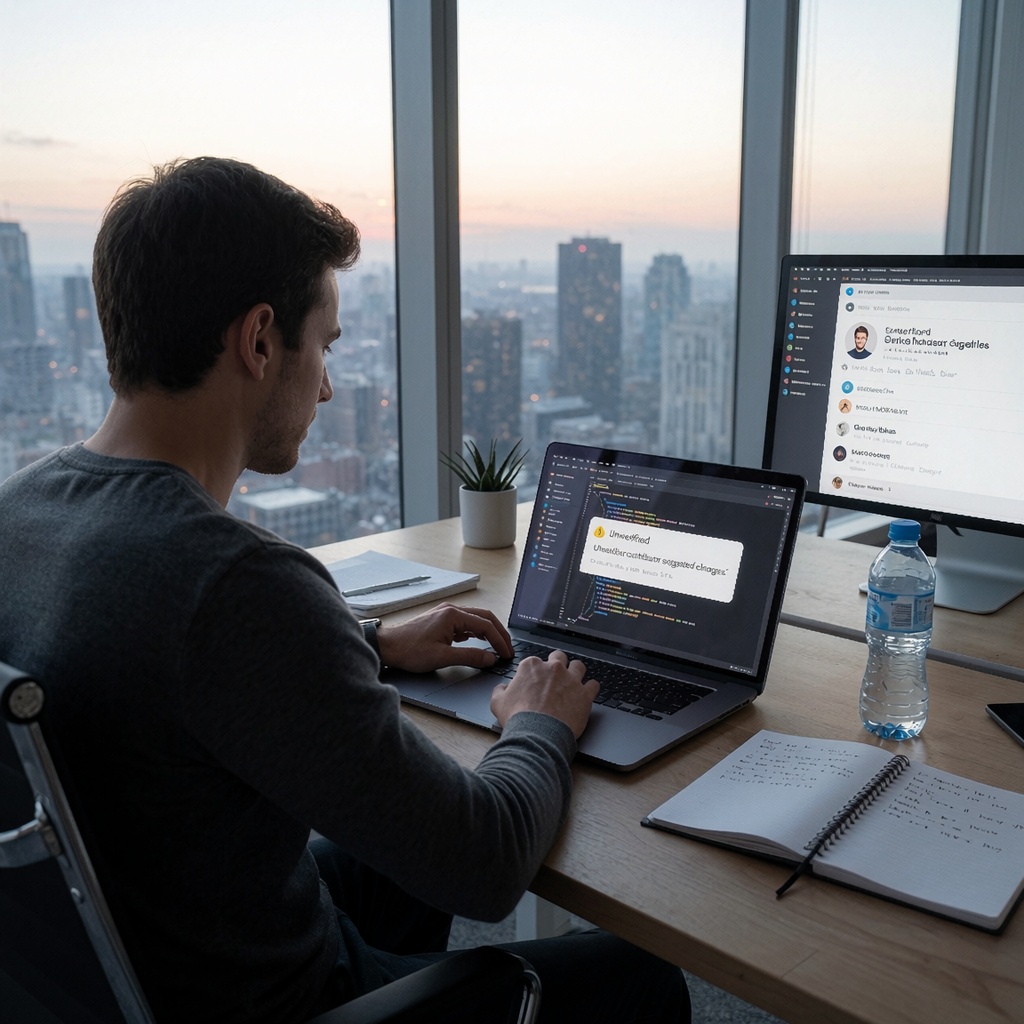 Un bureau moderne avec des baies vitrées offrant une vue sur la ville au crépuscule. Un développeur, assis devant un bureau en bois épuré, examine une requête de fusion sur son ordinateur portable. Son attitude détendue se tend brusquement quand l’écran affiche un icône d’avertissement et une notification : *