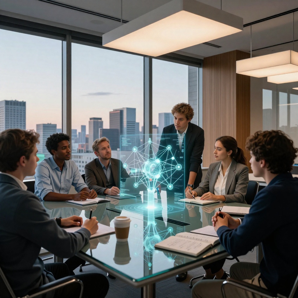 Réunion stratégique dans un bureau moderne éclairé par une lumière naturelle douce, avec des professionnels discutant autour d’une projection holographique de réseaux neuronaux interconnectés. Décor épuré aux tons neutres et touches bois chaudes, symbolisant la collaboration en IA. ---