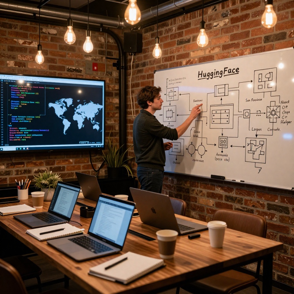 Bureau industriel lumineux avec fondateurs en train d’étudier des schémas de modèles IA sur un tableau blanc, entouré d’écrans affichant des fragments de code et une carte mondiale. Ambiance entre audace entrepreneuriale et réflexion stratégique. ---