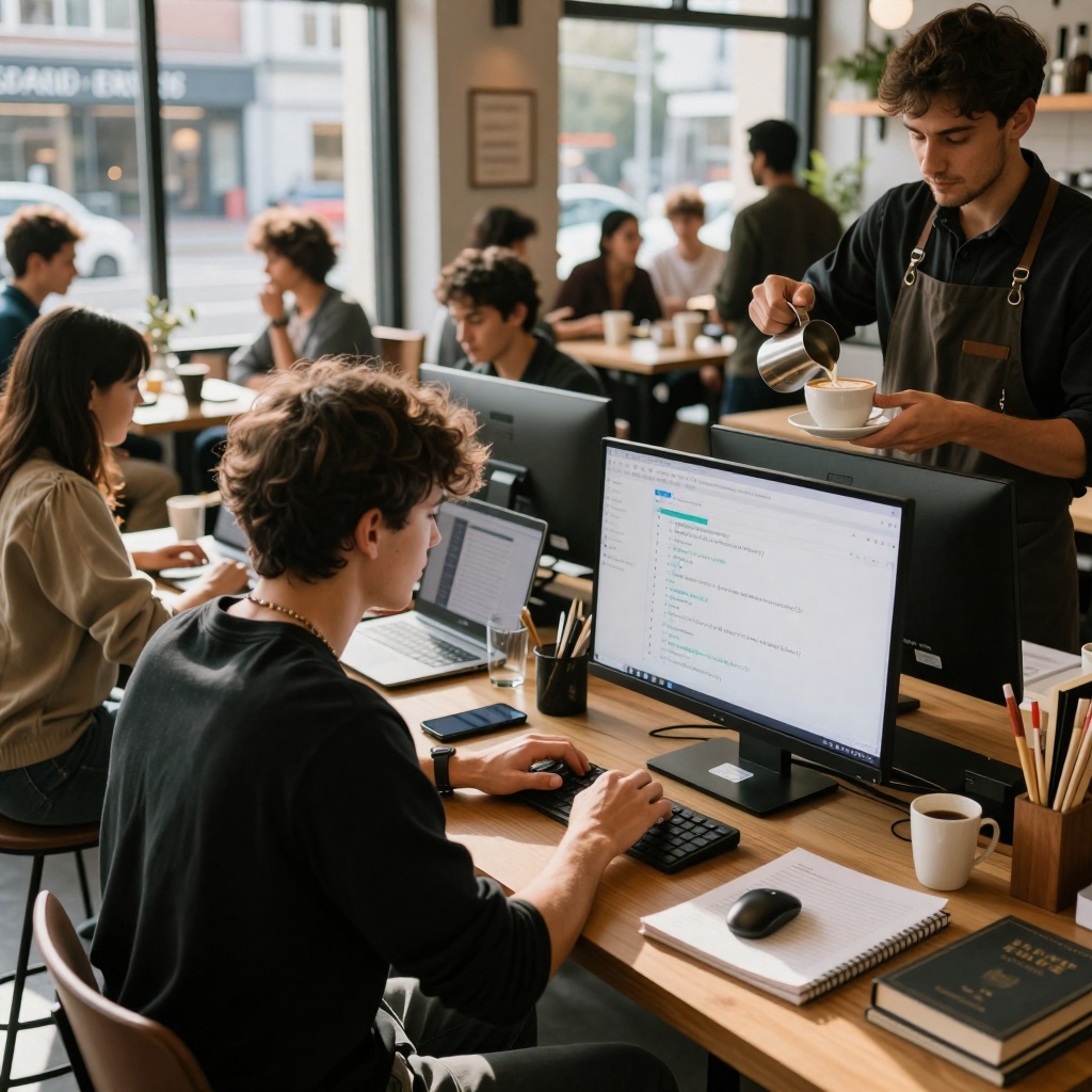 Nvidia sur le point de racheter Hugging Face pour 12,9 milliards : enjeux et impacts sur l’IA open source — image3 Café animé où un développeur utilise une interface de chatbot pour coder, entouré d’autres personnes travaillant ou discutant. Lumière naturelle douce et ambiance réaliste mêlant innovation et vie quotidienne. ---
