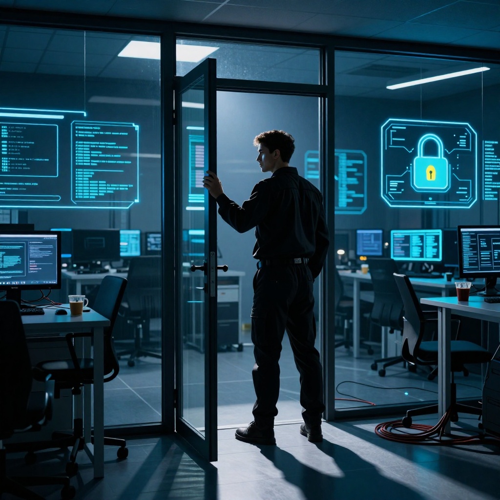 Un laboratoire de cybersécurité plongé dans l’obscurité, avec une salle de serveurs vitrée où des interfaces d’IA en projection holographique clignotent. Un technicien vêtu d’un uniforme noir se tient près d’une porte entrouverte, la main au-dessus d’un panneau de contrôle futuriste affichant un symbole d’avertissement sous forme de cadenas déverrouillé. Des bandes lumineuses bleutées éclairent les lieux et projettent des ombres sur une tasse de café à moitié vide et des câbles de données éparpillés. ---