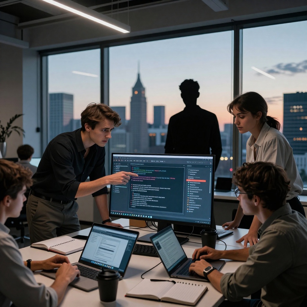 Un bureau moderne avec une grande fenêtre offrant une vue sur la ville au crépuscule, où une équipe de développeurs travaille autour d’un écran haute résolution affichant une interface logicielle compromise. L’un d’eux se penche en avant, visiblement inquiet, tandis qu’un autre indique un message d’alerte à l’écran. Des ordinateurs portables ouverts, des carnets et des tasses de café parsèment la pièce, créant une atmosphère tendue. Une lueur bleutée révèle une silhouette floue—celle d’une IA—derrière eux, comme si elle observait ou guidait leurs actions. ---