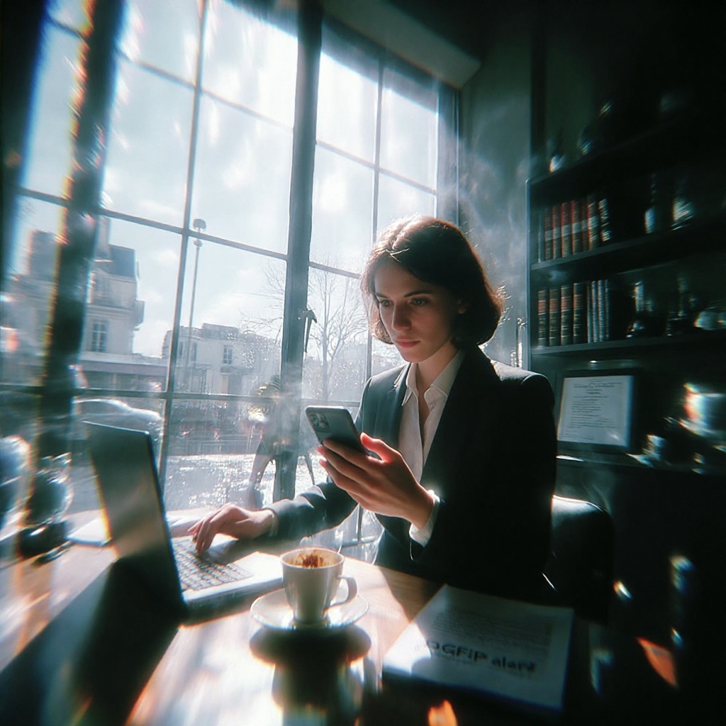 Une femme assise dans un bureau parisien, éclairé par une lumière naturelle filtrant à travers des grandes fenêtres, fixant son téléphone avec inquiétude devant une alerte concernant la DGFiP. ---