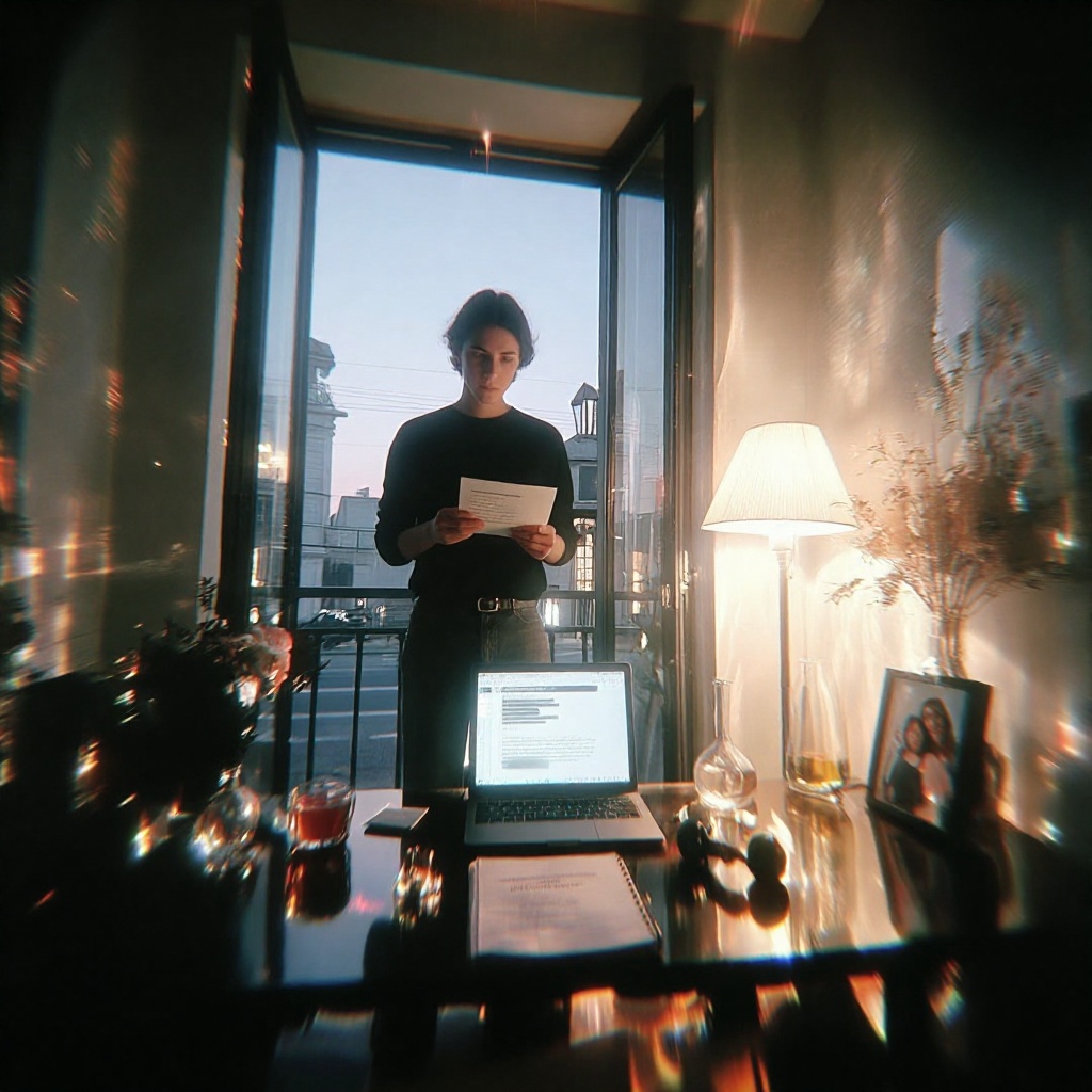 Un homme dans un appartement parisien éclairé par des lampes douces, tenant une lettre officielle tout en regardant par la fenêtre, son visage marqué par l’inquiétude face à une information douteuse sur son bien immobilier. ---